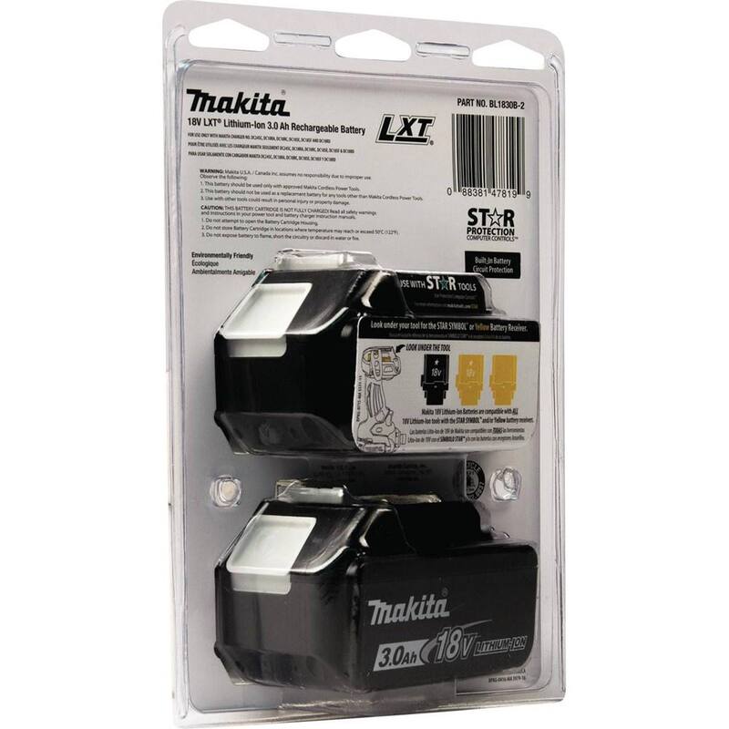 Paquete de baterías de alta capacidad de iones de litio de 18V LXT Makita 3.0Ah con medidor de combustible (paquete de 2) - BL1830B-2
