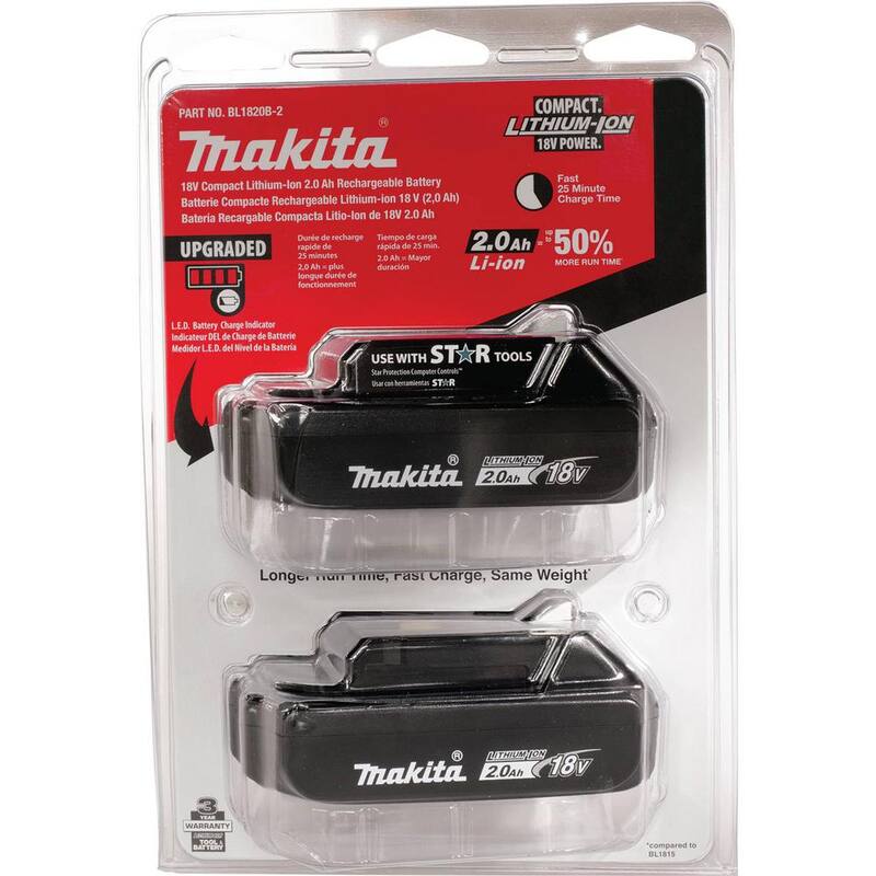Paquete de baterías compactas de ion de litio 18V LXT 2.0Ah con medidor de combustible (paquete de 2) - BL1820B-2