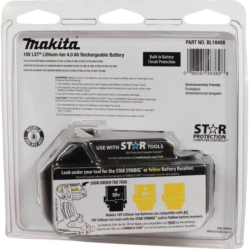 Paquete de batería de alta capacidad de iones de litio Makita 18V LXT 4.0Ah con indicador de combustible - BL1840B