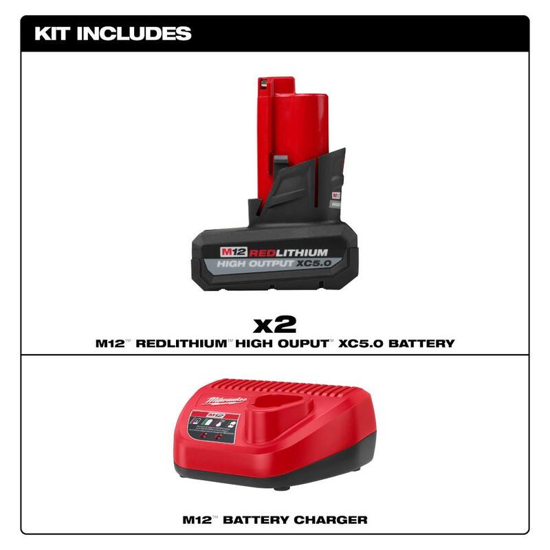 Milwaukee M12 12V Lithium-Ion XC Batería de Alto Rendimiento de 5.0 Ah (Paquete de 2) Kit de Inicio con Cargador - 48-59-2450P