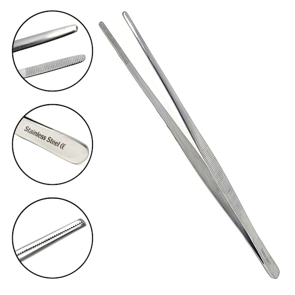 A2Z Scilab Culinary Tweezers, Blunt Serrated Jaws, 12 Inch Straight, Stainless Steel Tongs - A2Z-ZR1036