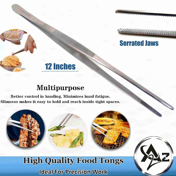 A2Z Scilab Culinary Tweezers, Blunt Serrated Jaws, 12 Inch Straight, Stainless Steel Tongs - A2Z-ZR1036