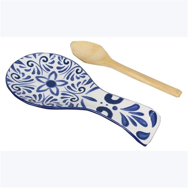Youngs Ceramic Talavera Spoon Rest with Bamboo Spoon & Tea Towel, Blue & White - 21215