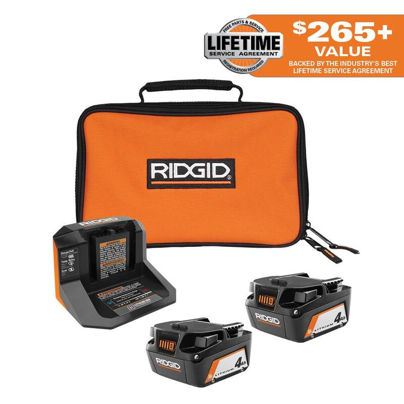 Kit de inicio de baterías de iones de litio RIDGID 18V (2) 4.0 Ah con cargador y bolsa - AC93044SBN