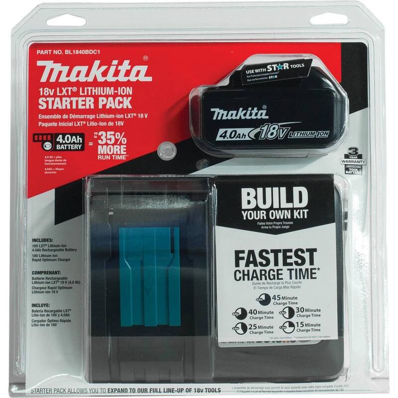 Paquete de batería de alta capacidad de iones de litio LXT de 18V Makita 4.0Ah con medidor de combustible y cargador Kit de inicio - BL1840BDC1