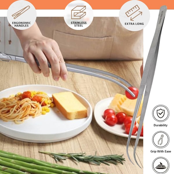 A2Z Scilab Culinary Tweezers, Narrow Precision Serrated Jaws, 10 Inch Curved, Stainless Steel Tongs - A2Z-ZR1050