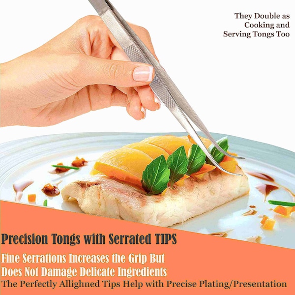 A2Z Scilab Culinary Tweezers, Narrow Precision Serrated Jaws, 10 Inch Curved, Stainless Steel Tongs - A2Z-ZR1050