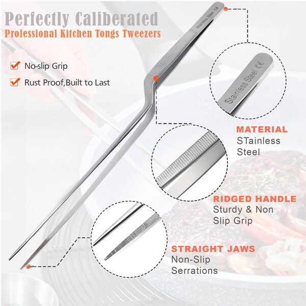 A2Z Scilab Offset Culinary Tweezers, Precision Serrated Jaws, 10 Inch, Stainless Steel Tongs - A2Z-ZR1056