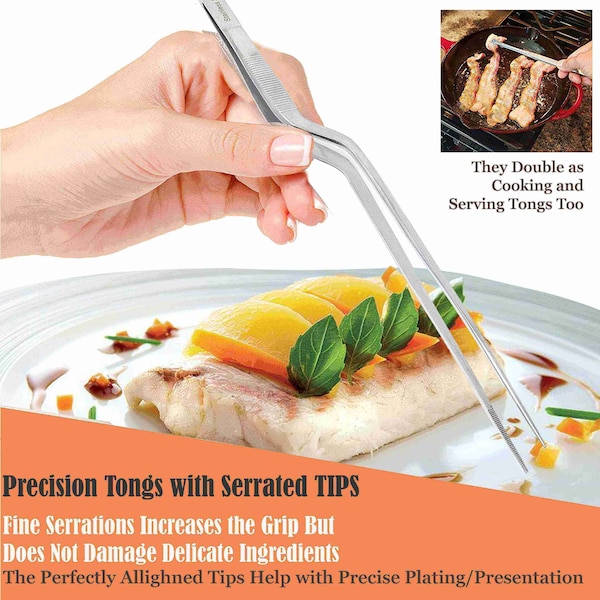 A2Z Scilab Offset Culinary Tweezers, Precision Serrated Jaws, 10 Inch, Stainless Steel Tongs - A2Z-ZR1056