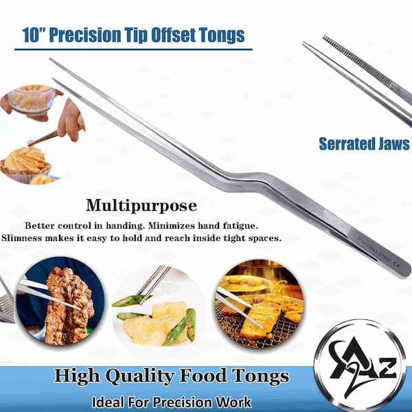 A2Z Scilab Offset Culinary Tweezers, Precision Serrated Jaws, 10 Inch, Stainless Steel Tongs - A2Z-ZR1056