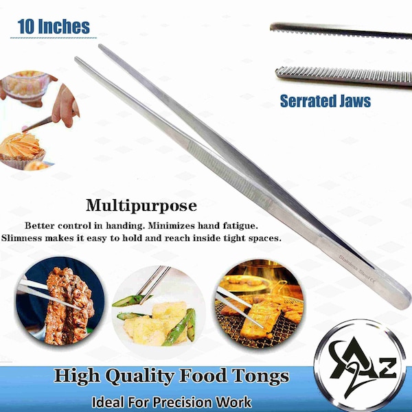 A2Z Scilab Culinary Tweezers, Blunt Serrated Jaws, 10 Inch, Stainless Steel Tongs - A2Z-ZR1035