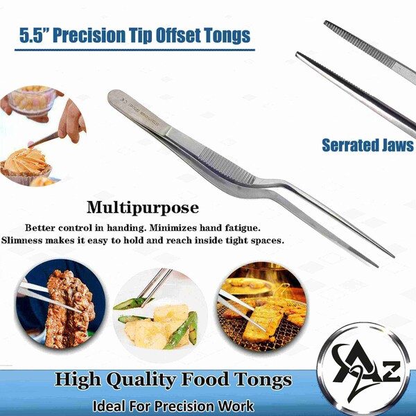 A2Z Scilab Offset Culinary Tweezers, Precision Serrated Jaws, 5.5 Inch, Stainless Steel Tongs - A2Z-ZR1053