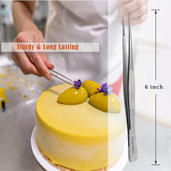 A2Z Scilab Culinary Tweezers, Narrow Precision Serrated Jaws, 6 Inch Straight, Stainless Steel Tongs - A2Z-ZR1044