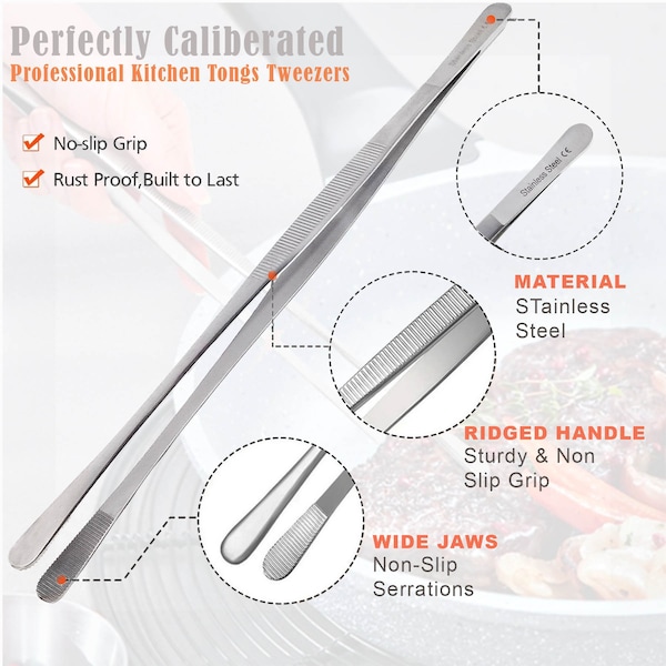 A2Z Scilab BBQ Tweezers, Wide Blunt Serrated Jaws, 12 Inch, Stainless Steel Tongs - A2Z-ZR1058