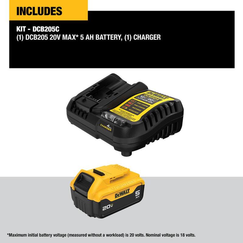 Batería DEWALT de 20 voltios, máximo de 5.0 Ah y Cargador - DCB205C