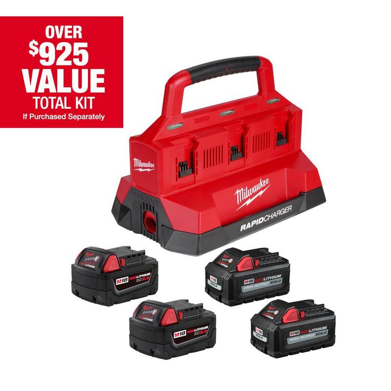 Paquete de baterías de iones de litio Milwaukee M18 de 18 voltios (2) 5.0Ah y paquete de baterías de alta capacidad (2) 6.0Ah con cargador rápido PACKOUT de 6 puertos - 48-59-1865POC