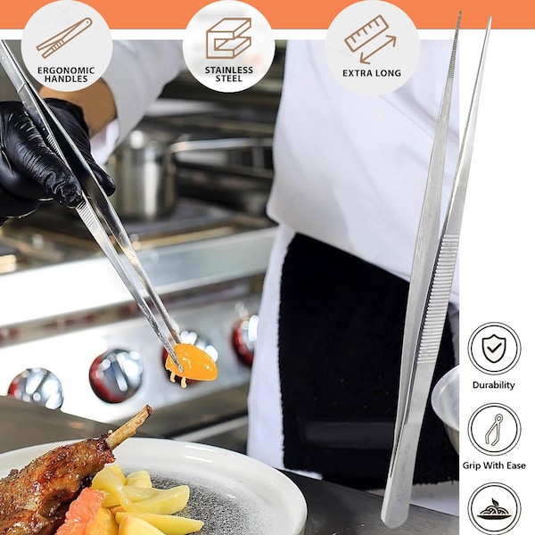 A2Z Scilab Culinary Tweezers, Narrow Precision Serrated Jaws, 12 Inch Straight, Stainless Steel Tongs - A2Z-ZR1051
