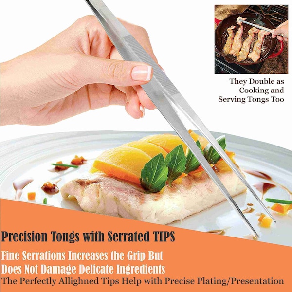 A2Z Scilab Culinary Tweezers, Narrow Precision Serrated Jaws, 12 Inch Straight, Stainless Steel Tongs - A2Z-ZR1051