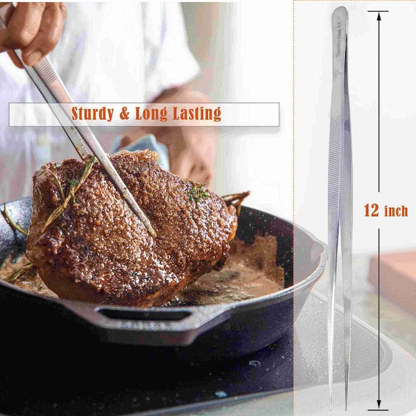 A2Z Scilab Culinary Tweezers, Narrow Precision Serrated Jaws, 12 Inch Straight, Stainless Steel Tongs - A2Z-ZR1051