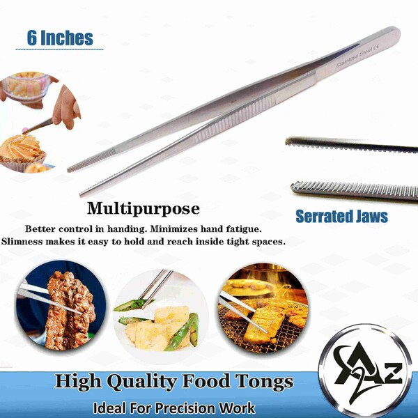 A2Z Scilab Culinary Tweezers, Blunt Serrated Jaws, 6 Inch, Stainless Steel Tongs - A2Z-ZR1033