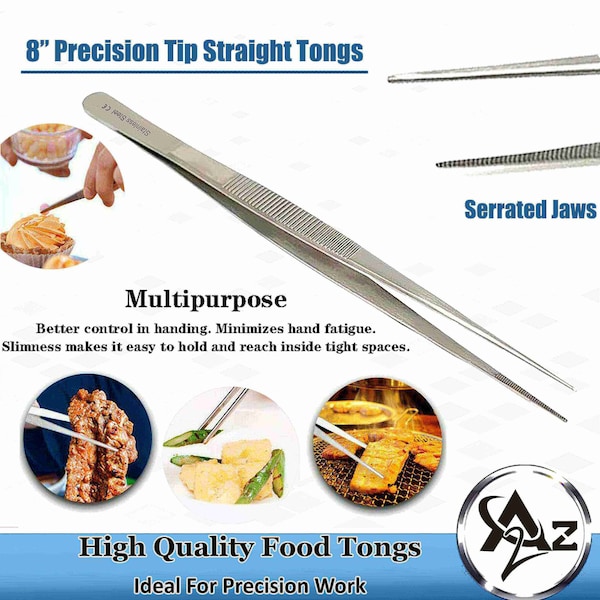A2Z Scilab Culinary Tweezers, Narrow Precision Serrated Jaws, 8 Inch Straight, Stainless Steel Tongs - A2Z-ZR1046
