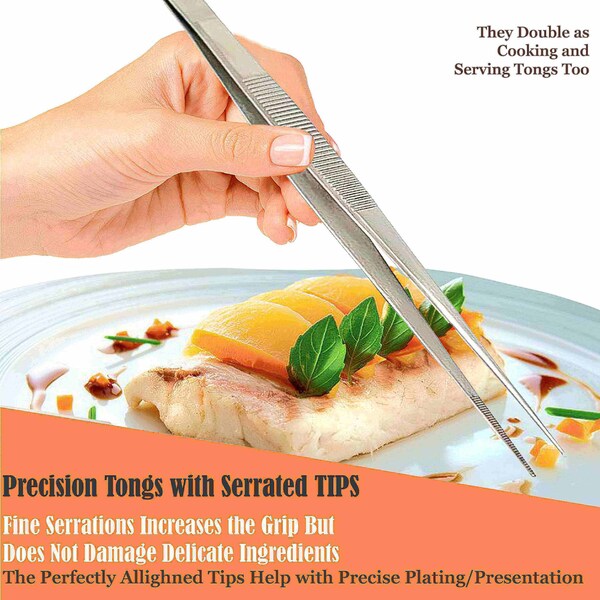 A2Z Scilab Culinary Tweezers, Narrow Precision Serrated Jaws, 8 Inch Straight, Stainless Steel Tongs - A2Z-ZR1046