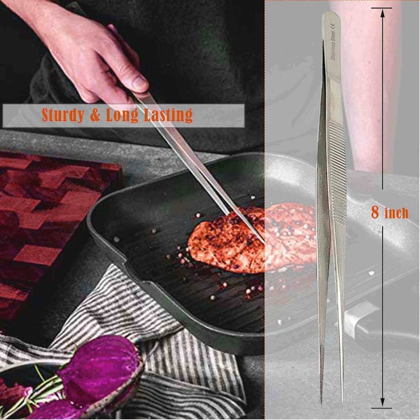 A2Z Scilab Culinary Tweezers, Narrow Precision Serrated Jaws, 8 Inch Straight, Stainless Steel Tongs - A2Z-ZR1046
