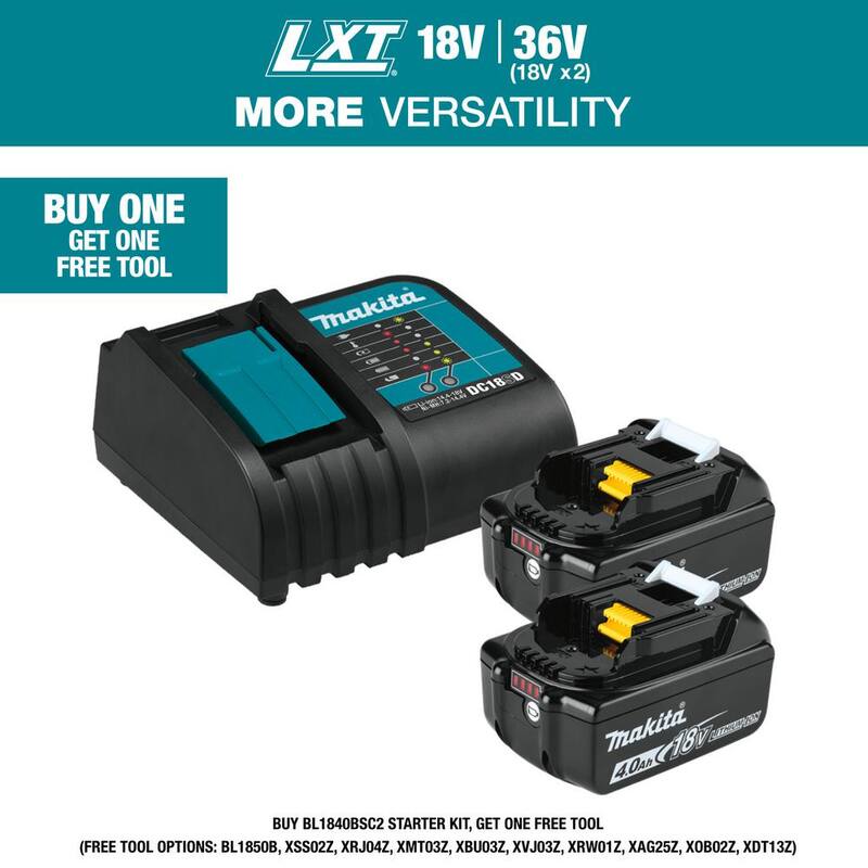 Paquete de inicio de batería y cargador de iones de litio de 18 voltios LXT de Makita (4.0Ah) - BL1840BSC2