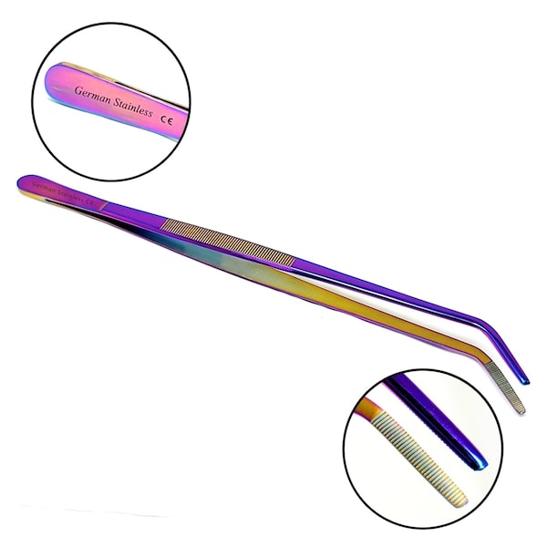 A2Z Scilab Culinary Tweezers, Blunt Serrated Jaws, 12 Inch Multicolor Curved, Stainless Steel Tongs - A2Z-ZR1039