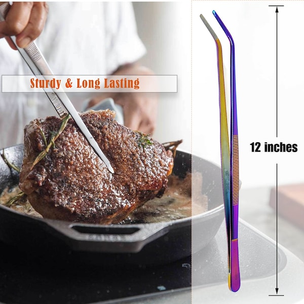 A2Z Scilab Culinary Tweezers, Blunt Serrated Jaws, 12 Inch Multicolor Curved, Stainless Steel Tongs - A2Z-ZR1039