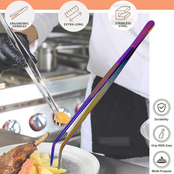 A2Z Scilab Culinary Tweezers, Blunt Serrated Jaws, 12 Inch Multicolor Curved, Stainless Steel Tongs - A2Z-ZR1039