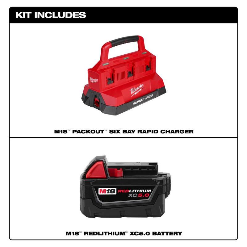 Cargador rápido PACKOUT de 6 puertos Milwaukee M18 18V de ion de litio con batería de 5.0 Ah - 48-59-1809-48-11-1850