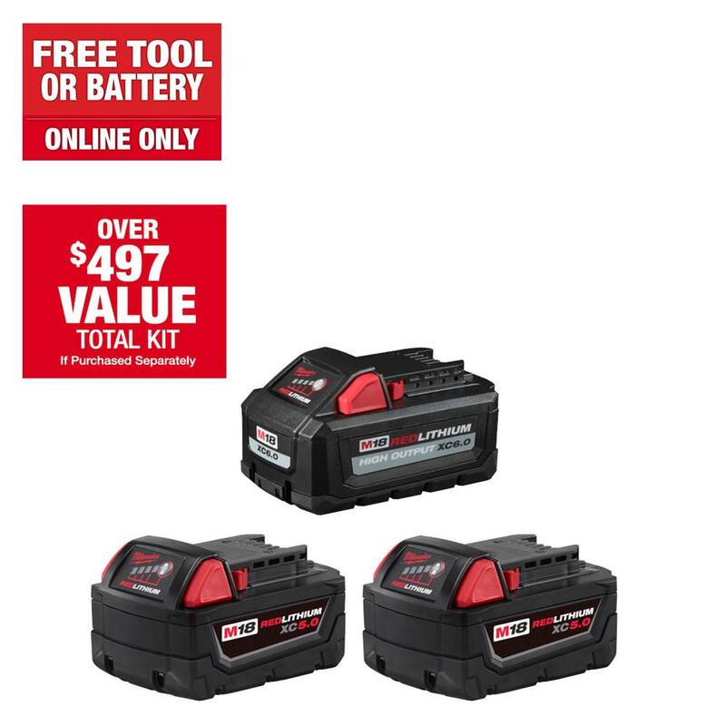 Milwaukee M18 18-Volt Lithium-Ion (1) Batería de alta capacidad de salida de 6.0Ah y (2) Batería de 5.0Ah (paquete de 3) - 48-11-1856