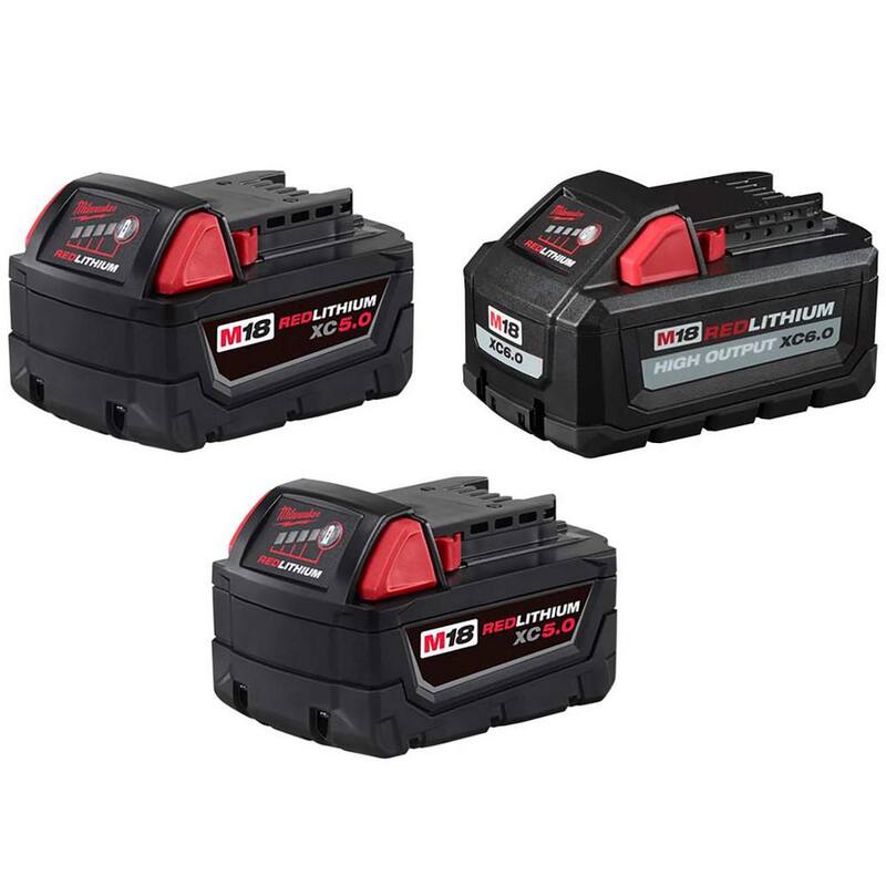 Milwaukee M18 18-Volt Lithium-Ion (1) Batería de alta capacidad de salida de 6.0Ah y (2) Batería de 5.0Ah (paquete de 3) - 48-11-1856