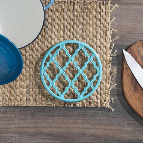 Hds Trading Round Heavy Weight Decorative Cast Iron Trivet wSoft NonSkid Rubber Peg Feet, Turquoise - ZOR96053