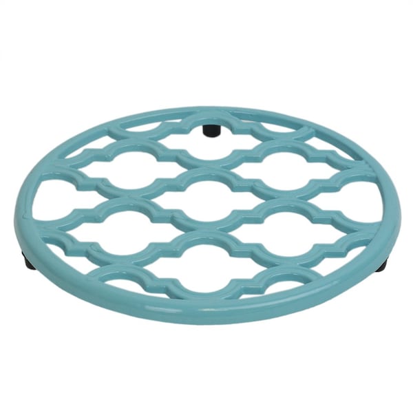 Hds Trading Round Heavy Weight Decorative Cast Iron Trivet wSoft NonSkid Rubber Peg Feet, Turquoise - ZOR96053