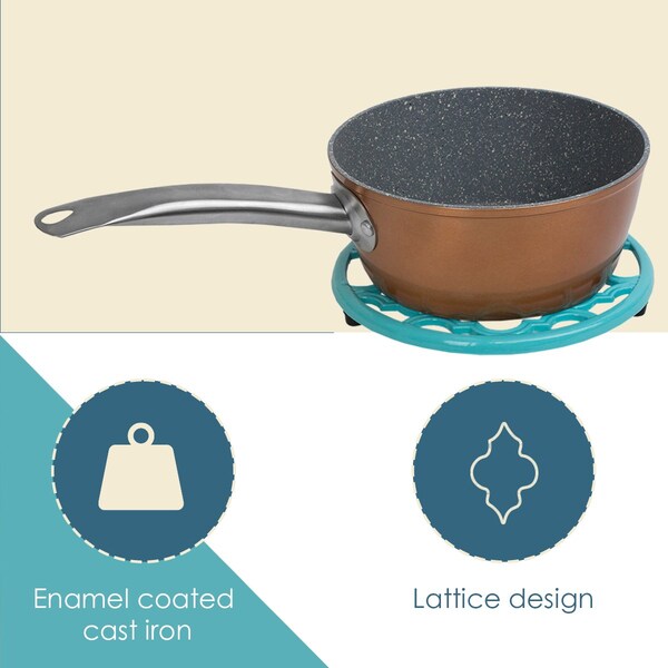 Hds Trading Round Heavy Weight Decorative Cast Iron Trivet wSoft NonSkid Rubber Peg Feet, Turquoise - ZOR96053