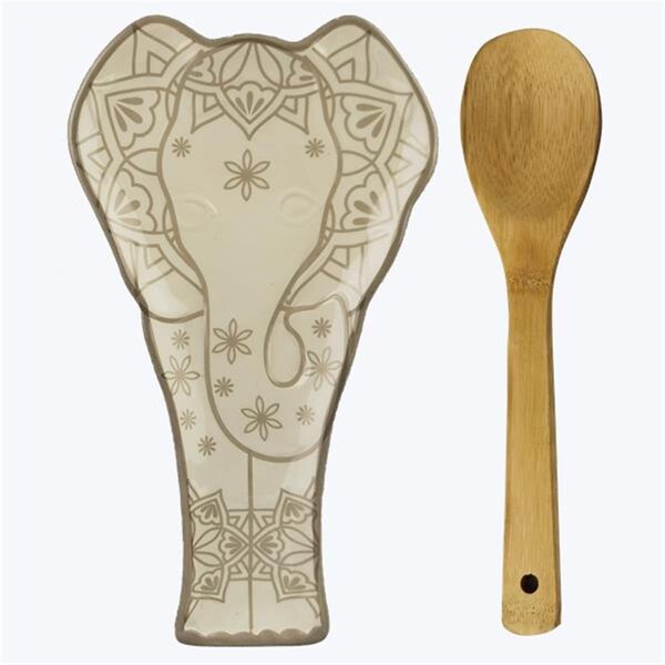 Youngs Ceramic Exotic Finds Elephant Spoon Rest with Wood Spoon Set - 10077