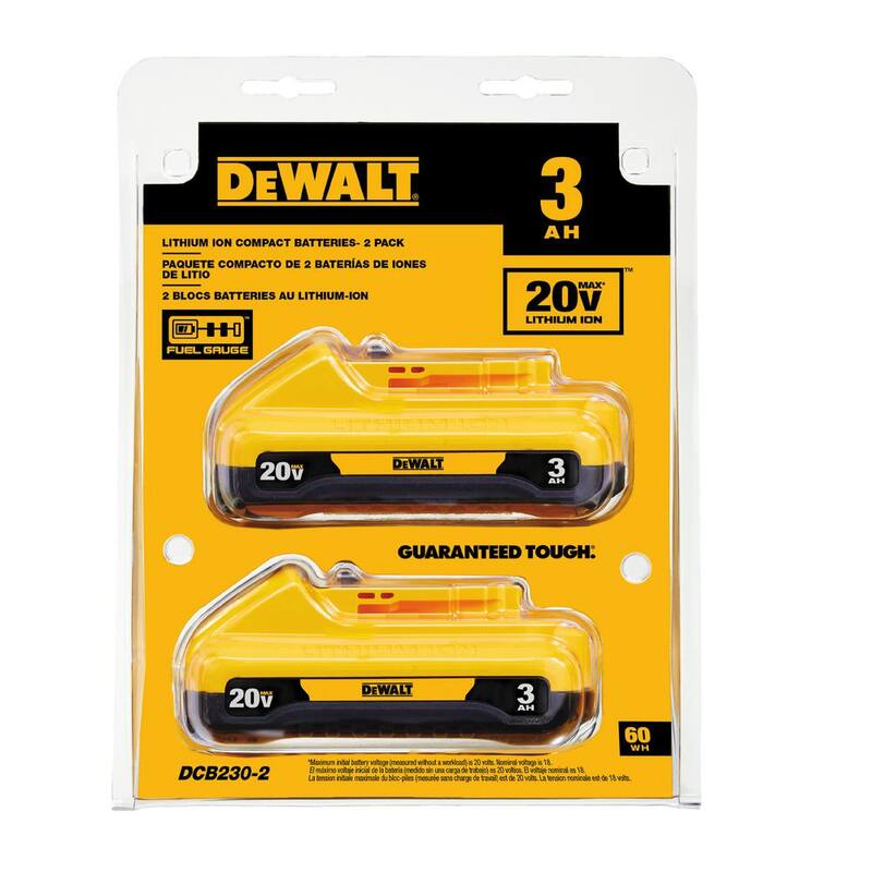 Paquete de batería de iones de litio compacta DEWALT 20V MAX de 3.0Ah (2 paquetes) - DCB230-2