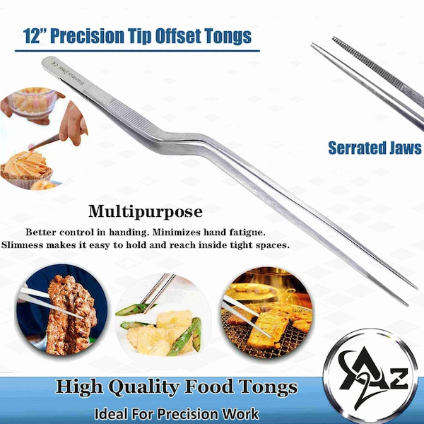 A2Z Scilab Offset Culinary Tweezers, Precision Serrated Jaws, 12 Inch, Stainless Steel Tongs - A2Z-ZR1057
