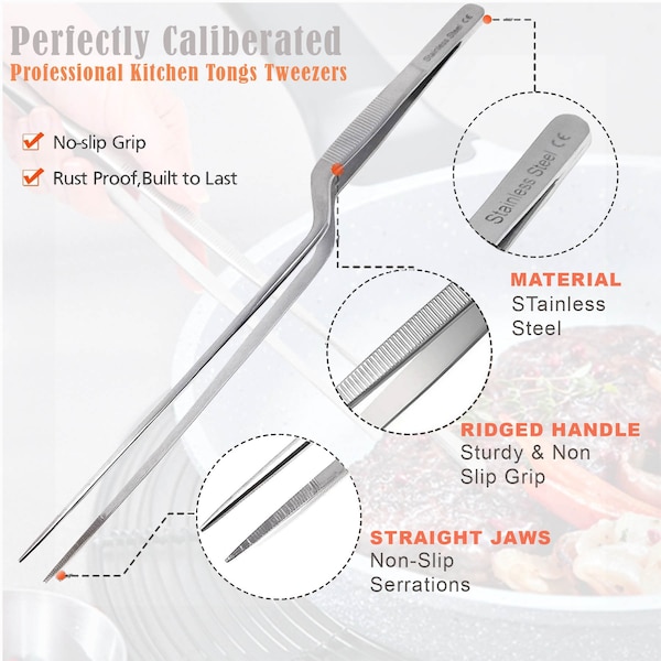 A2Z Scilab Offset Culinary Tweezers, Precision Serrated Jaws, 12 Inch, Stainless Steel Tongs - A2Z-ZR1057