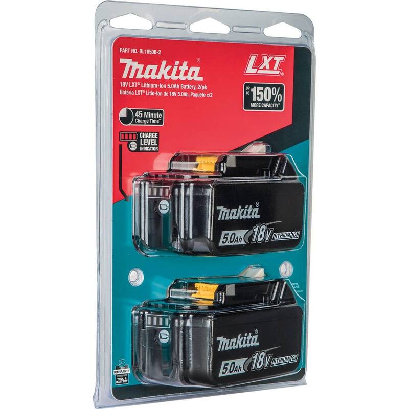 Paquete de baterías de alta capacidad de 18V LXT de ion de litio de Makita 5.0 Ah con indicador de nivel de carga LED (2 unidades) - BL1850B-2