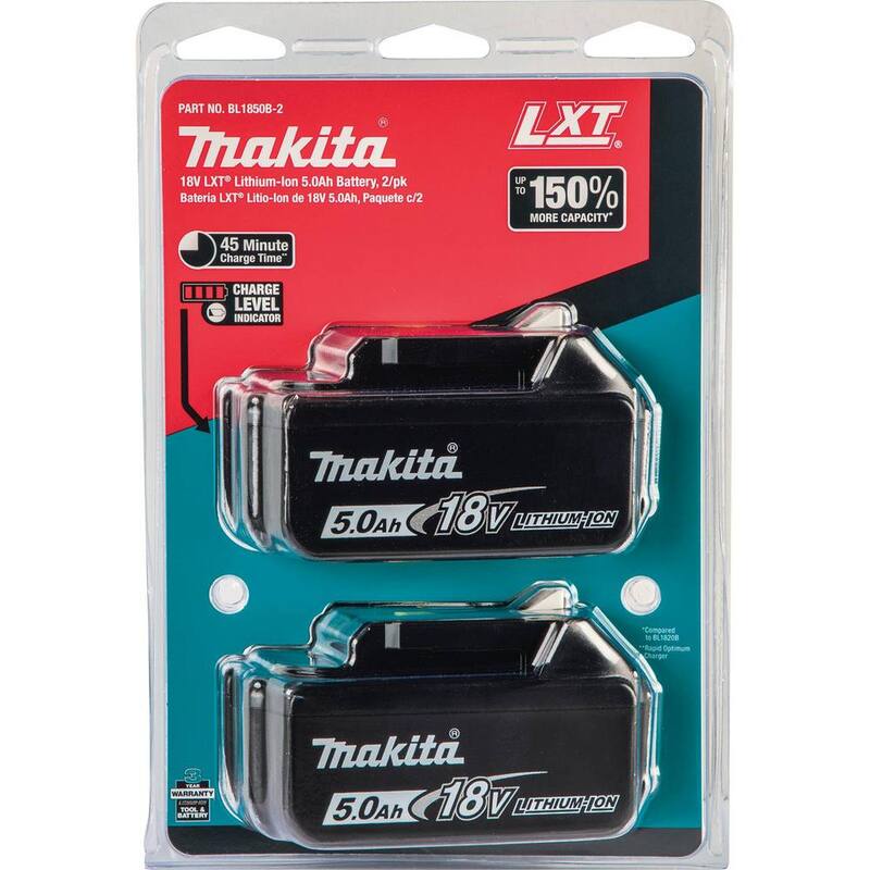 Paquete de baterías de alta capacidad de 18V LXT de ion de litio de Makita 5.0 Ah con indicador de nivel de carga LED (2 unidades) - BL1850B-2