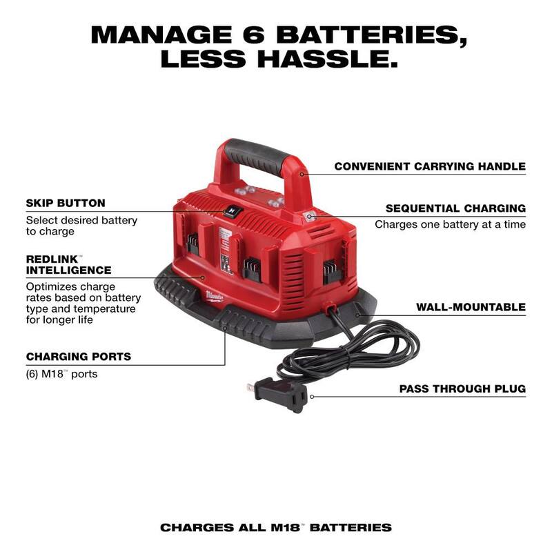 Cargador de batería secuencial de 6 puertos Milwaukee M18 de 18 voltios de iones de litio - 48-59-1806