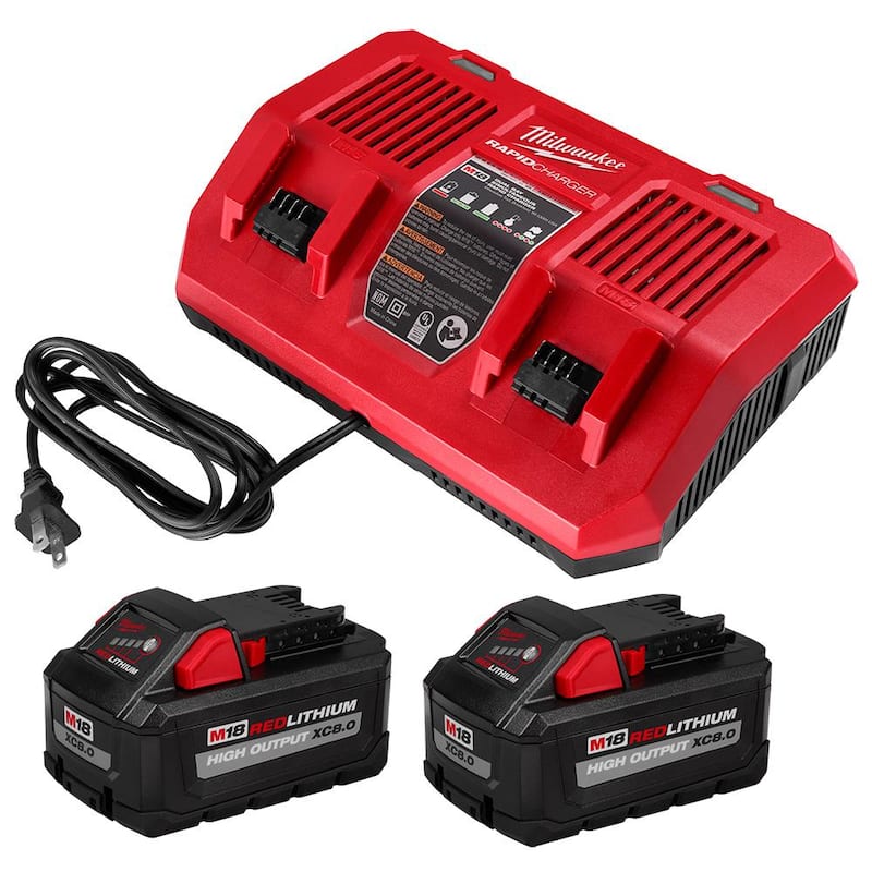 Cargador de batería dual rápido Milwaukee M18 18V de iones de litio con (2) Baterías de alto rendimiento de 8 Ah - 48-59-1882