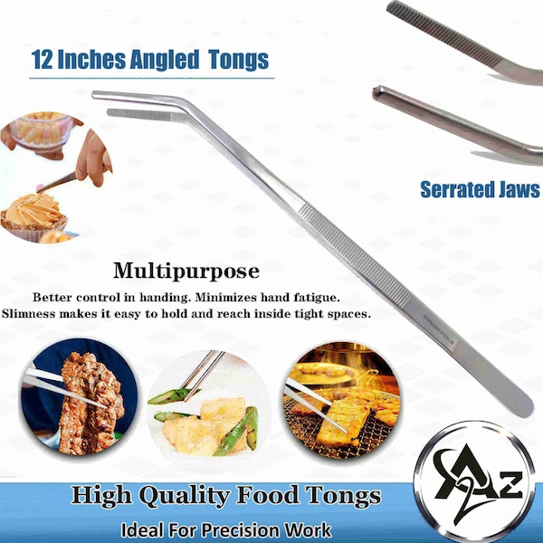 A2Z Scilab Culinary Tweezers, Blunt Serrated Jaws, 12 Inch Curved, Stainless Steel Tongs - A2Z-ZR1037