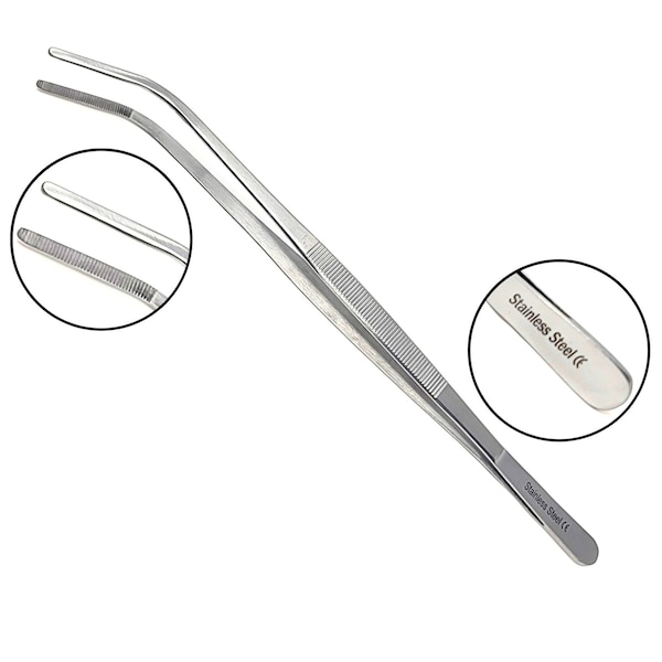 A2Z Scilab Culinary Tweezers, Blunt Serrated Jaws, 12 Inch Curved, Stainless Steel Tongs - A2Z-ZR1037