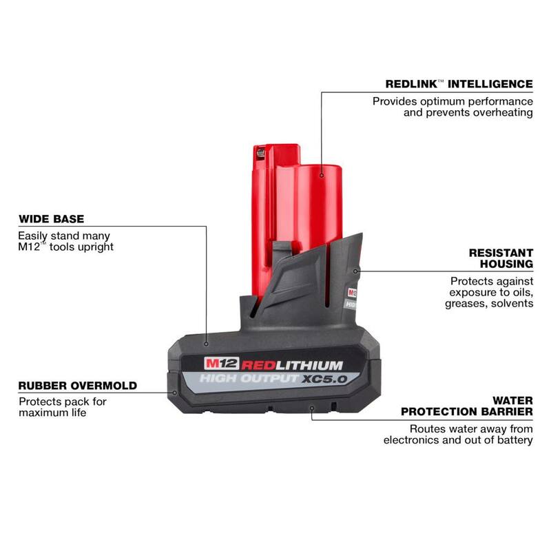 Batería de litio XC de alto rendimiento de 5 Ah de Milwaukee M12 de 12 voltios (paquete de 2) - 48-11-2450-48-11-2450