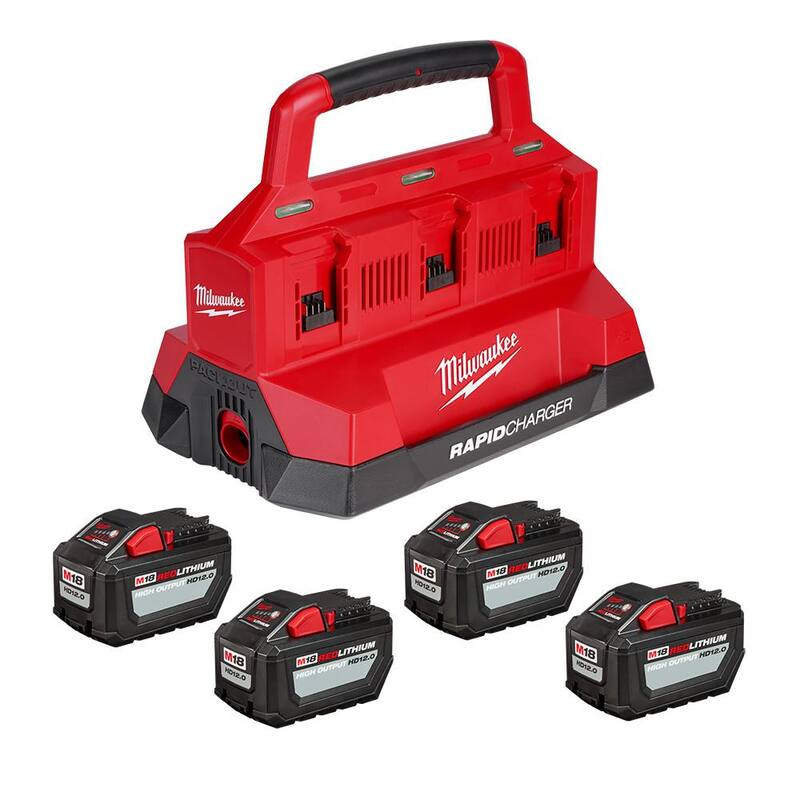 Cargador rápido de 6 puertos PACKOUT de 18V de iones de litio Milwaukee M18 con (4) baterías de alto rendimiento de 12Ah - 48-59-1844