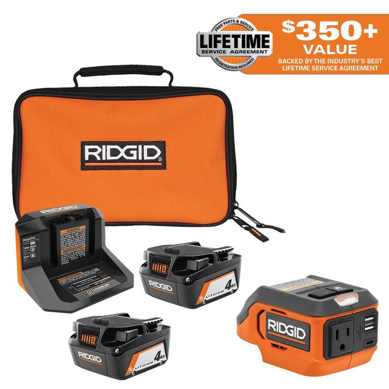 Kit de baterías RIDGID 18V (2) 4.0 Ah y cargador con inversor de corriente de 175 Watts de 18V - AC93044SBN-AC86097